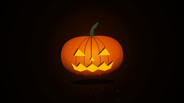 Ikon labu Halloween berukir (Jack-o'-Lantern) yang mengambang perlahan dengan cahaya lilin yang berkedip dinamis di dalamnya. Dikelilingi partikel bara api yang melayang naik.
