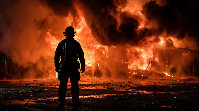 Silhouette of a firefighter standing and observing a massive burning building collapse surrounded by intense flames and smoke at night.
