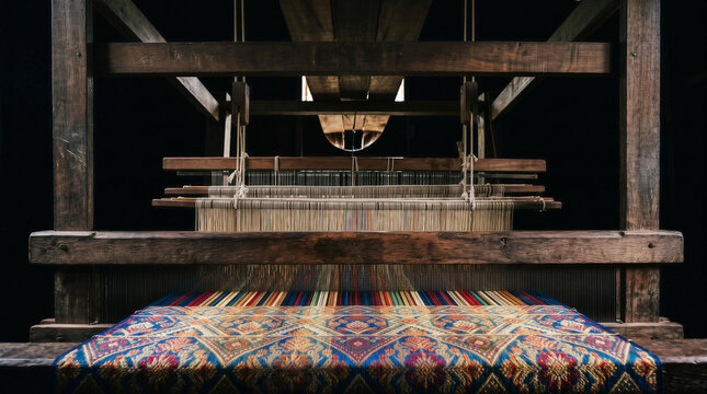 Close up of traditional wooden handloom weaving intricate geometric pattern textile with threads