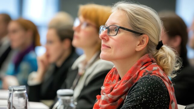 Attentive Professional Woman Participating in a Business Conference Presentation
