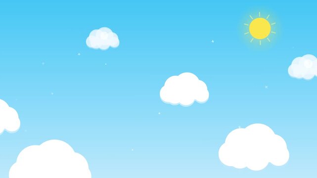 Seamless looping 2D flat motion graphic of fluffy white clouds drifting across a clear bright blue summer sky 4K animation