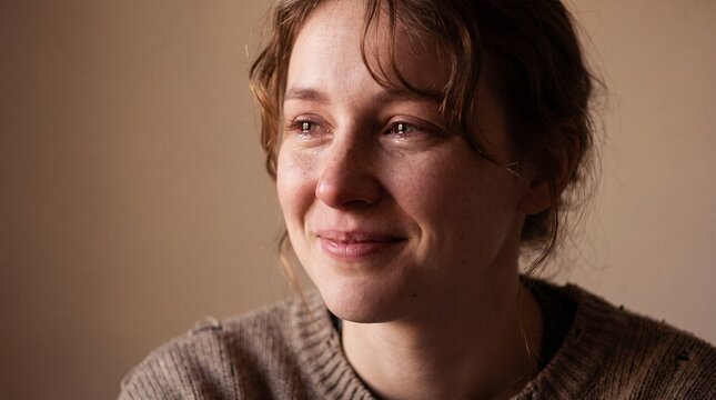Happy tears woman smiling with tearful eyes, emotional portrait, joyful crying, relief and gratitude, warm natural light
