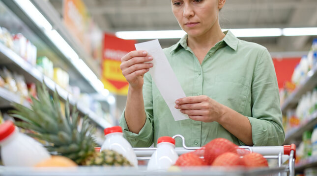 Woman reading grocery receipt while comparing expensive price. Financial inflation crisis. supermarket retail shopping purchase, cost bill spending increase rise, client budget