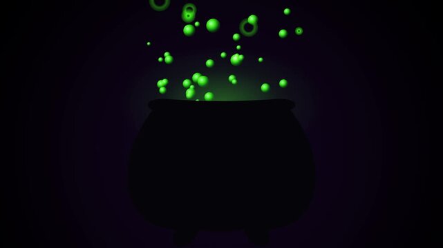 A silhouette of a witch's cauldron with bright green, glowing bubbles slowly rising and popping.