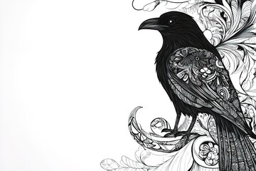 Fototapeta premium Ornate black raven illustration with intricate floral patterns isolated on white. Ideal for adult coloring book pages, boutique wine bottle labels, or premium gothic stationery product mockups