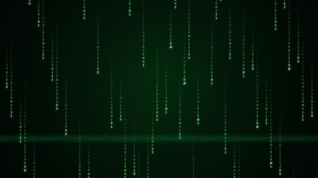 Seamless looping digital green binary code rain falling down animation high tech abstract background 4K animation
