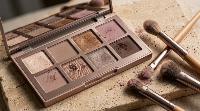 Neutral eyeshadow palette with makeup brushes, earth tone cosmetic pigments, professional beauty products on stone isolated PNG with Transparent Background Black Friday