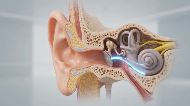 Detailed human ear anatomy cross section medical illustration showing inner ear cochlea auditory nerve structure sound waves entering ear canal hearing process educational