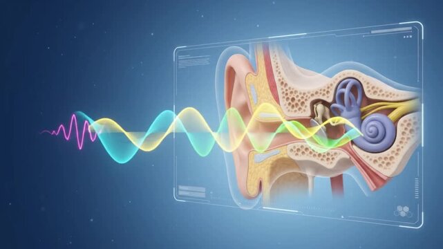Human ear anatomy illustration showing sound wave transmission through outer middle ear canal cochlea auditory nerve and inner ear structures highlighting complex auditory function and hearing process