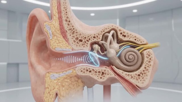 Detailed 3D medical illustration of ear anatomy showing outer, middle, inner ear structures with cochlea and auditory canal clinical setting featuring sound waves entering ear canal reaching cochlea