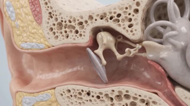 Ear anatomy detailed cross section showing inner ear structure with cochlea and auditory nerve transmitting sound waves for hearing function and balance in medical illustration