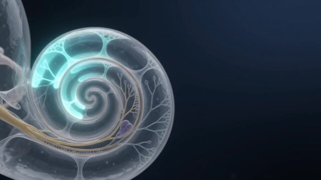 Human ear anatomy illustration highlighting spiral cochlea structure with nerves and inner ear details in translucent medical view showing auditory system complexity and pathways in detailed anatomy