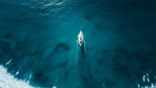 Aerial View of a Sailboat Navigating Ocean Waves.