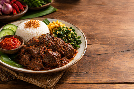 Authentic Indonesian beef rendang served with steamed rice, sambal and vegetables on a rustic ceramic plate, featuring rich spices and warm natural lighting.