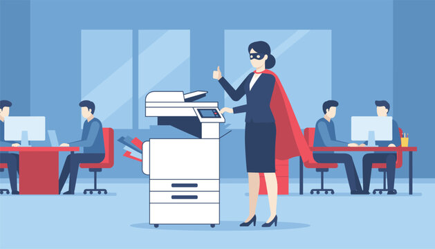 Superhero businesswoman gives thumbs up next to large office printer while colleagues work at desks.