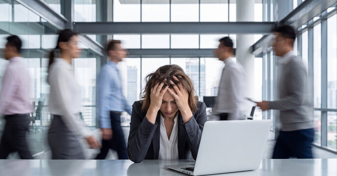 Stressed businesswoman holding her head in deep frustration while sitting inside busy modern office workspace