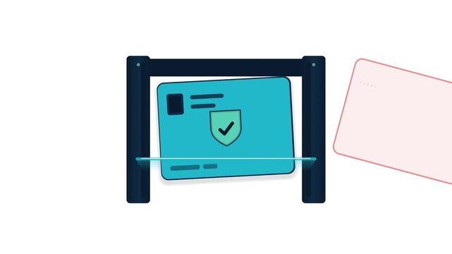 Seamless animation of an AI-powered digital identity verification system scanning an authentic credential, detecting a counterfeit data layer, and confirming secure authentication. Ideal for cybersecu