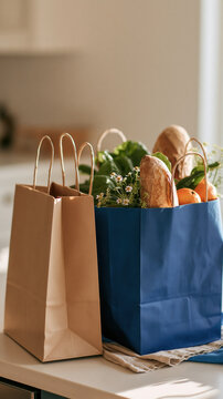 Paper bag blue bag grocery bag fresh vegetable bread loaf orange fruit kitchen counter natural light healthy food reusable bag grocery bag kitchen counter with fresh vegetable, bread loaf