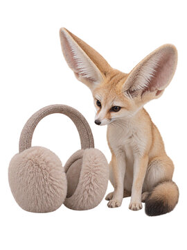 Fennec fox sitting beside plush Easter eggs isolated on transparent background