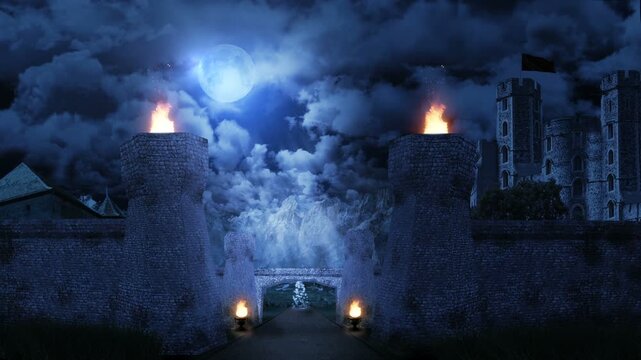 Castle gate under stormy night sky with flickering torches, dark fantasy stage backdrop seamless VJ loop