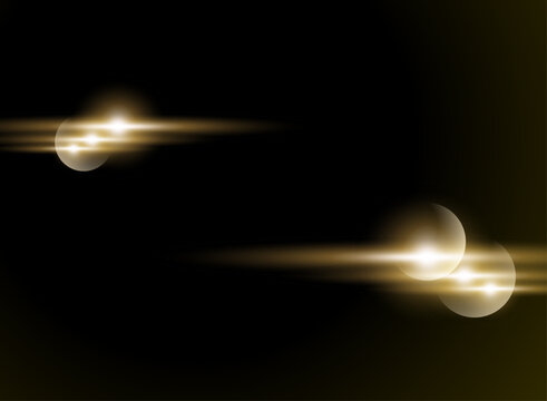 Golden glowing light trails with bright flares and soft circular bokeh moving horizontally across a dark background, creating an elegant cinematic effect for fantasy, magic, gaming, and design.