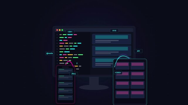 Seamless looping software development and responsive digital interface motion graphics with code display and multi-device connectivity 4K animation