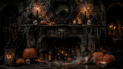 Obraz premium Halloween decorated gothic fireplace with pumpkins, skulls, ravens and candles. Seasonal interior decor. Haunted house theme and spooky autumn party display.