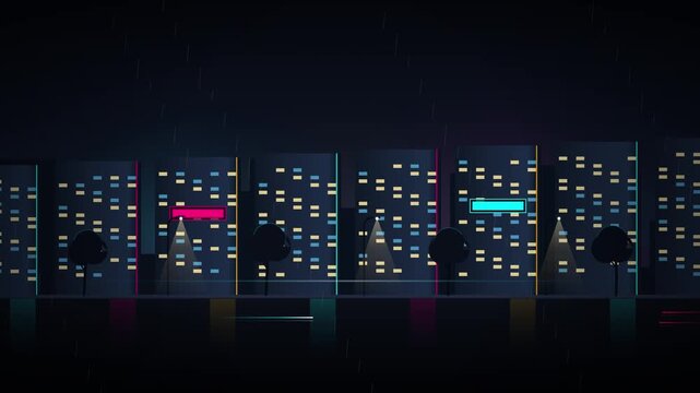 Seamless looping night city skyline with glowing neon windows and moving abstract traffic light streaks motion graphic 4K animation
