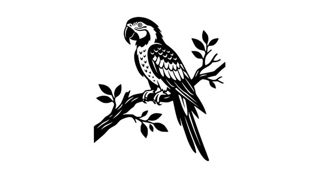 Black and white silhouette of a parrot perched on a tree branch with leaves
