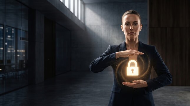      Executive Holding Luminous Digital Holographic particles in Modern Office,      Enterprise Cyber Security Data Protection and Risk Governance Concept