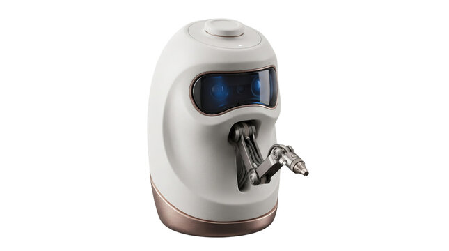Futuristic AI desktop robot assistant isolated on white studio background, smart domestic companion bot with robotic arm and digital display, modern high-tech device