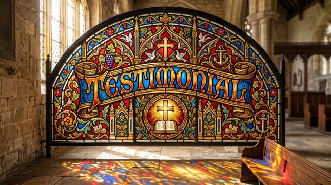 Intricate stained glass testimony banner. The word 'TESTIMONIAL' is integrated into a complex stained glass window design. Vibrant jewel-toned glass panels in ruby red, sapphire blue, and amber yellow