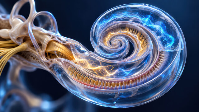 Human ear anatomy is beautifully illustrated in this detailed 3D rendering showing cochlea spiral structure and intricate inner ear components with glowing neural pathways