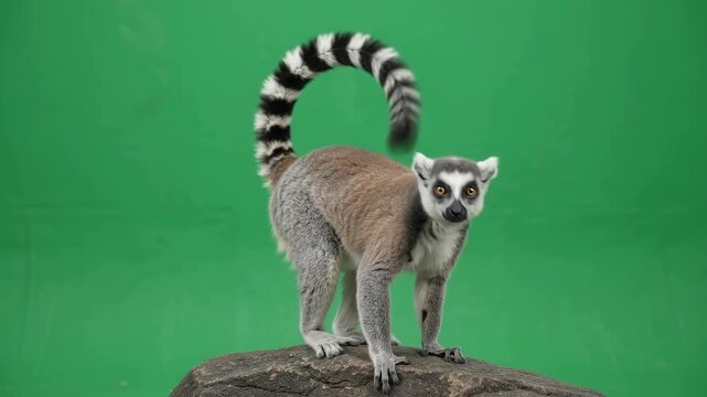 Ring-tailed lemur standing on a rock with green screen background