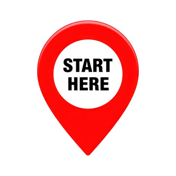 Red map pointer icon with start here text for navigation and location marking