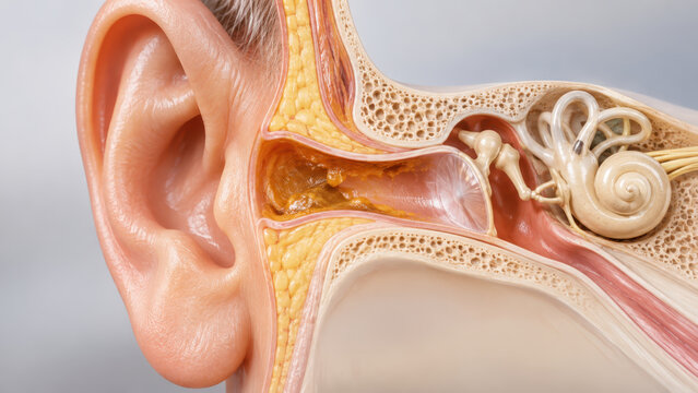 Human ear anatomy detailed cross section showing outer middle and inner ear structures with cochlea eardrum and auditory canal in realistic medical illustration