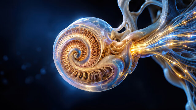 Human ear anatomy is shown in detailed 3D illustration highlighting cochlea spiral and nerve fibers glowing with light in scientific and educational style image
