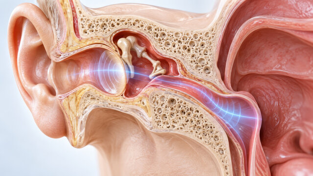 Human ear anatomy shows detailed inner structure with ear canal, eardrum, and tiny bones transmitting sound waves through ear, illustrating complex anatomy of hearing