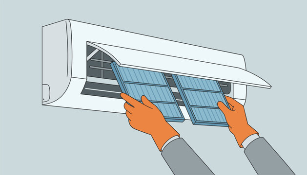 Person wearing orange protective work gloves cleans and removes air conditioner filters for maintenance.