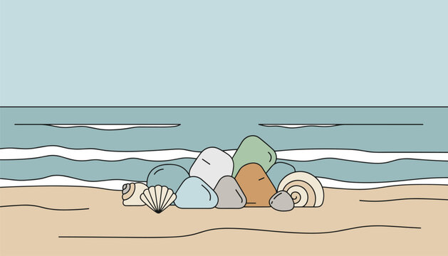 Collection of colorful smooth pebbles and seashells resting on sandy beach shore with ocean waves background.