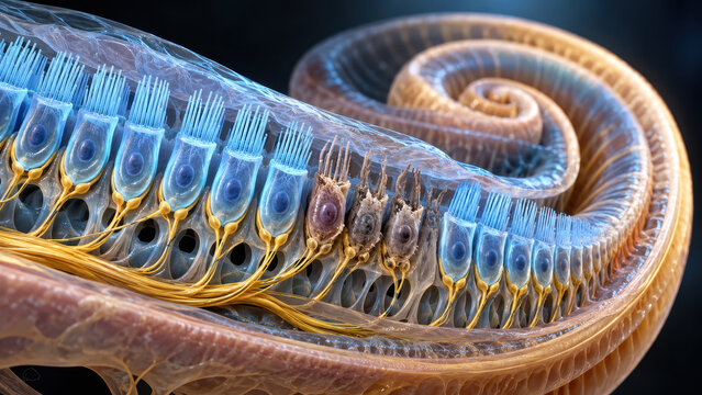 Human ear anatomy shows detailed structure of hair cells inside cochlea responsible for hearing and balance in beautifully intricate spiral design