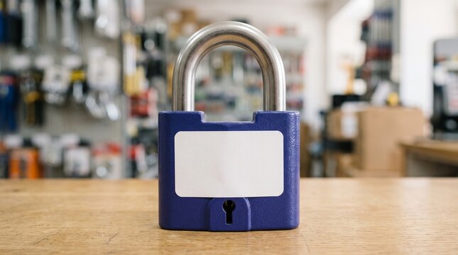 Blue Padlock with Blank White Label Standing on a Wooden Table in a Hardware Sho