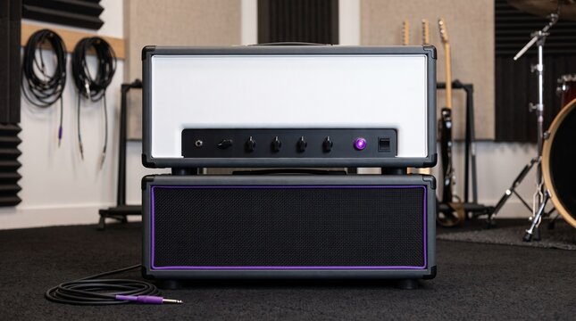 Electric Guitar Amplifier Head and Speaker Cabinet in a Professional Music Studi