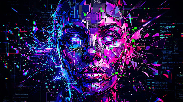 Abstract digital face composed of vibrant glowing code and futuristic circuitry