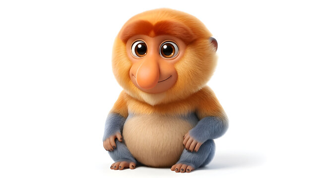 Cute 3D Mascot Character of a Proboscis Monkey Sitting in Chibi Style Isolated on White Background
