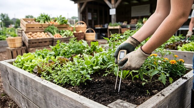 Farmer testing soil moisture with digital meter in a vegetable garden