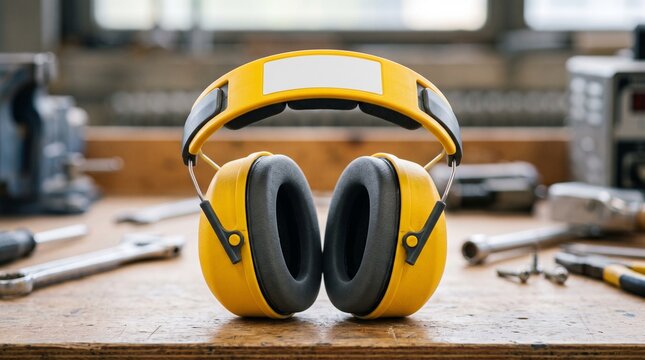 Yellow Protective Ear Muffs for Industrial Noise Reduction on a Workshop Workben