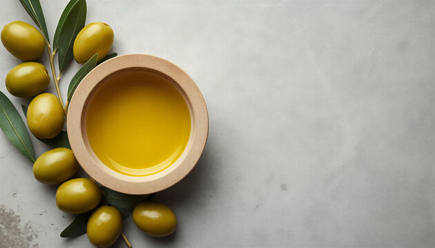 Top view flat lay of pure extra virgin olive oil in stone bowl beside fresh green olives on light travertine
