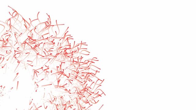 Red curved dotted trails swirling dynamically on upper left corner over white background in a 3D animation