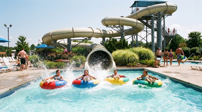 Four children sliding down water slide into pool on a summer day  